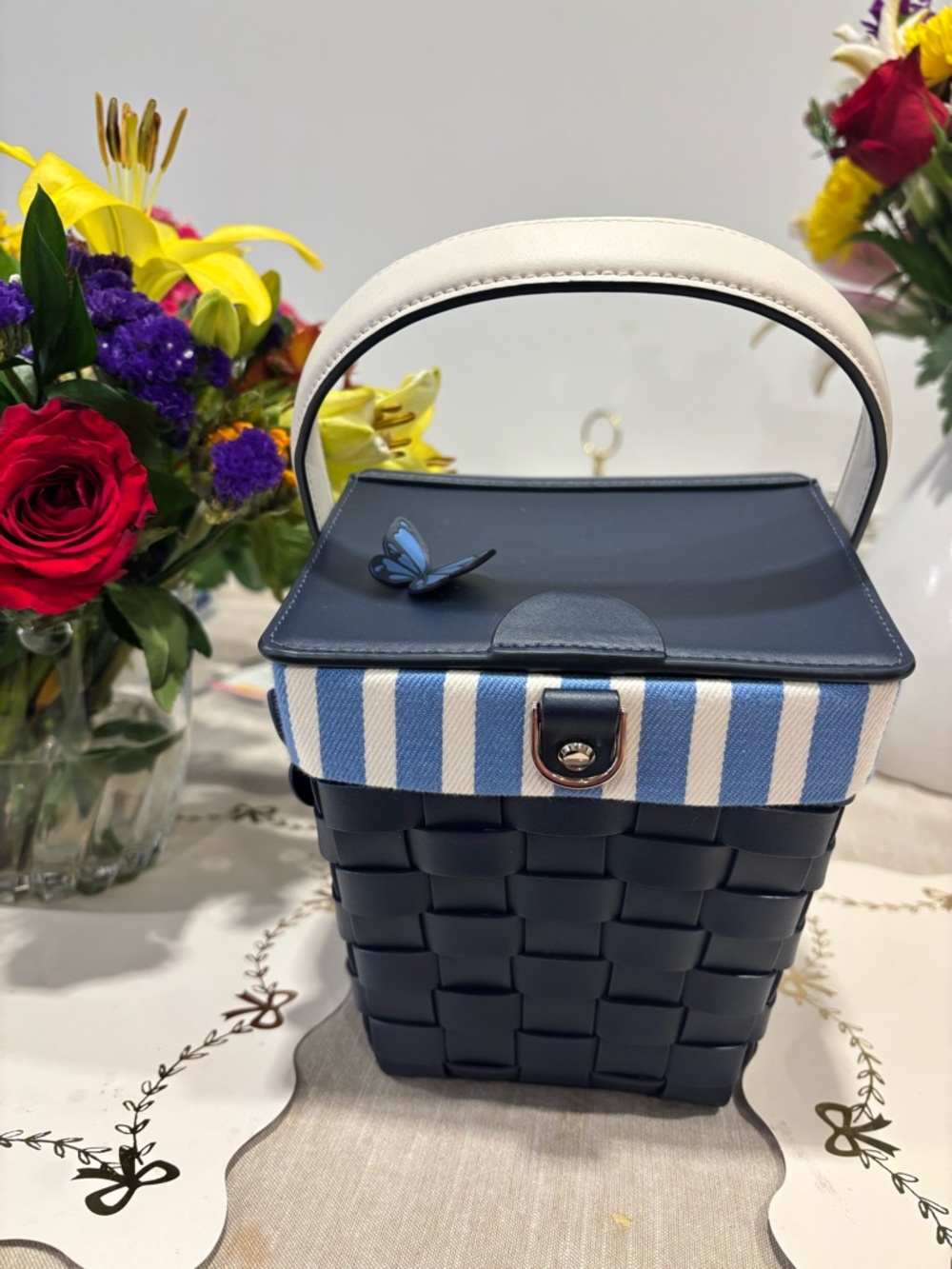 kate spade Navy Woven Picnic Basket Bag with Blue Stripes - Picture 4 of 12